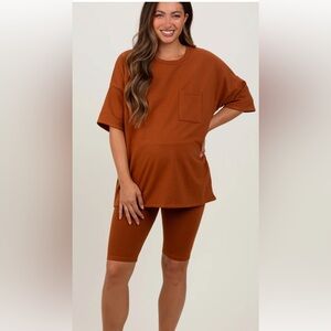 Rust Orange Oversized Maternity T-Shirt and Biker Shorts Set